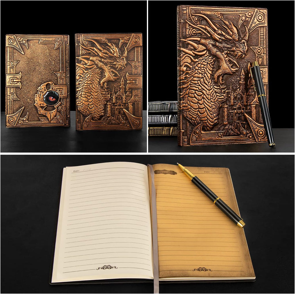 DND Dungeon and Dragon Notebook 3D Embossed Leather Dragon Journal with Black Ballpoint Pen &Pen Sleeve,A5 Vintage Travel Diary D&D Writing Notebook for Hardcover Journal Women&Men (Red Copper)