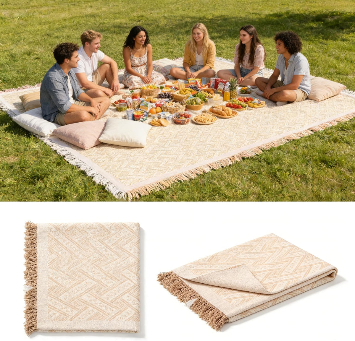 Boho Cotton Picnic Blanket, Beige 90×97 Inch Woven Outdoor Grass Mat