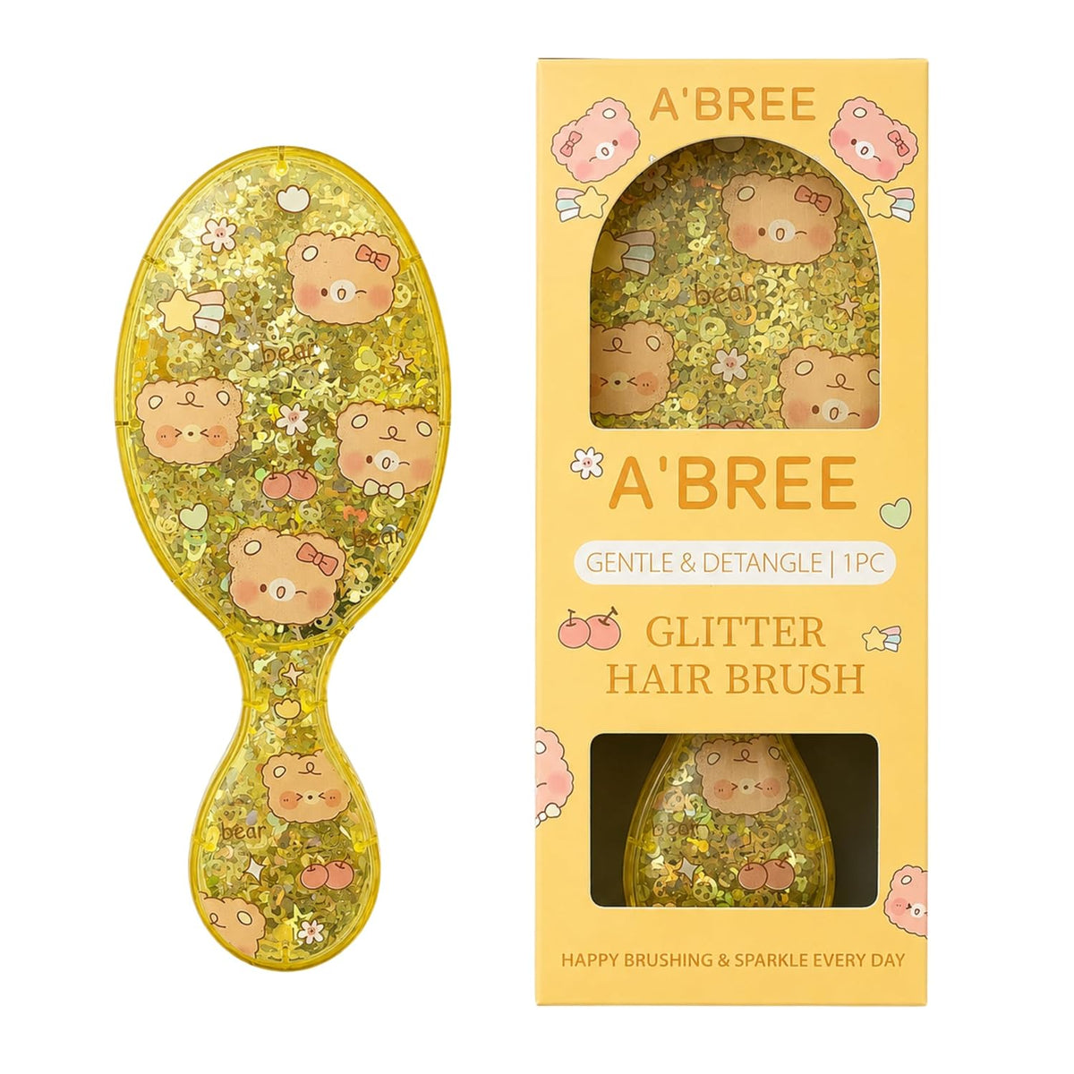 A'BREE Mini Glitter Detangling Hair Brush for Kids Girls Women – Gentle Wet and Dry Hairbrush, Travel Sized Tangle Free Knot Tamer for Toddler, Adorable Character Glitter Design (Sunny Yellow)