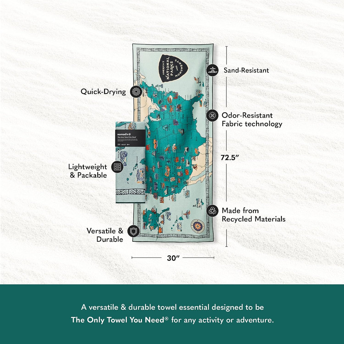 Nomadix Original Towel - National Parks- Perfect for Beach, Pool, Travel, Camping, Yoga - Made with Recycled Materials - Super Absorbent - Sand Resistant