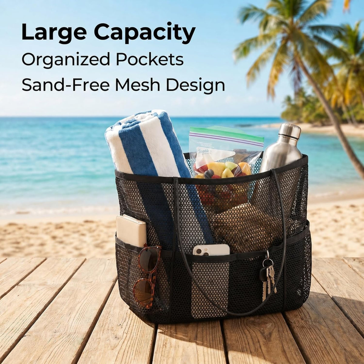 Black Foldable Mesh Beach Tote, 5-Pocket Sand-Proof Travel Bag