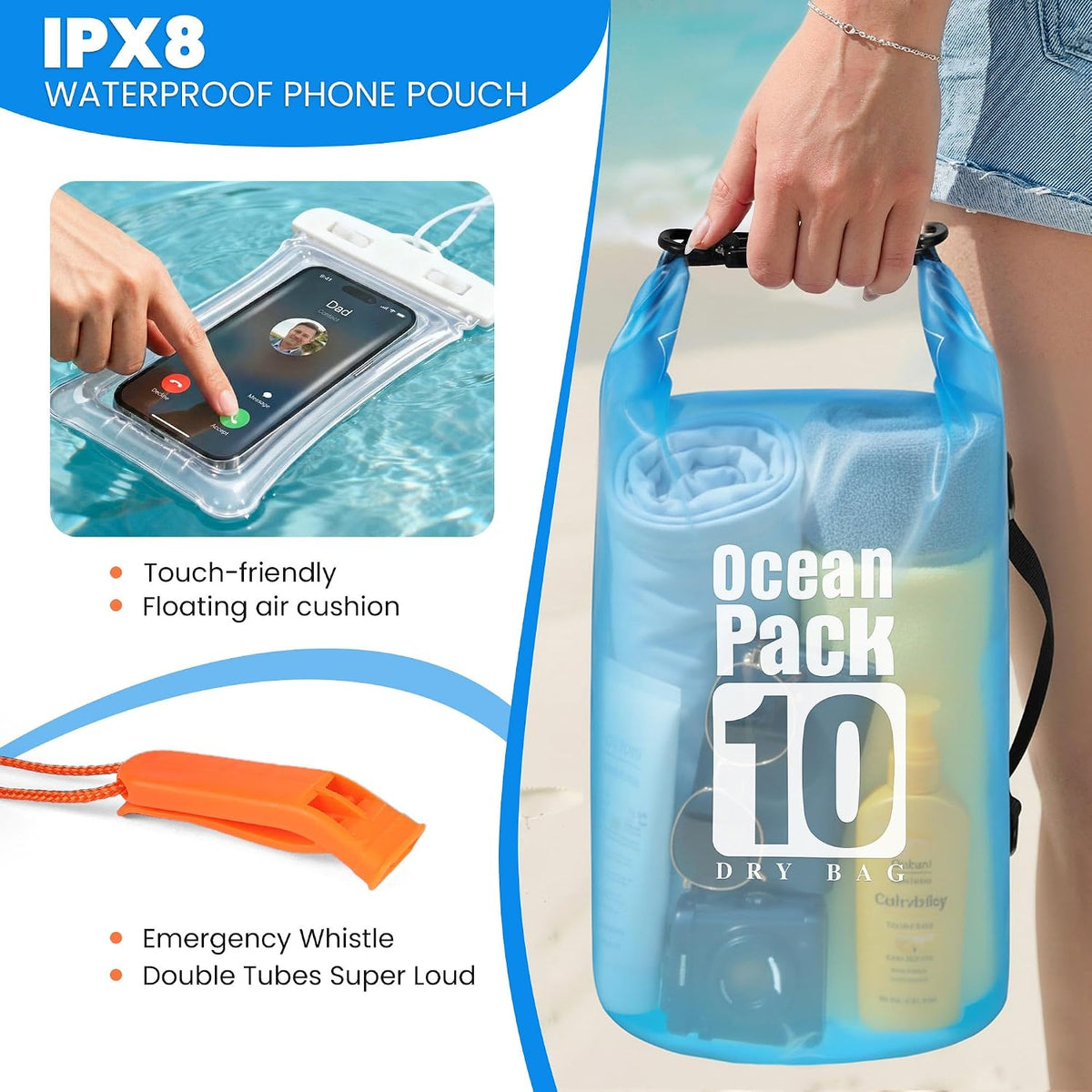 TILYMOL Waterproof Dry Bag Backpack for Kayaking, paddle boarding - 10L