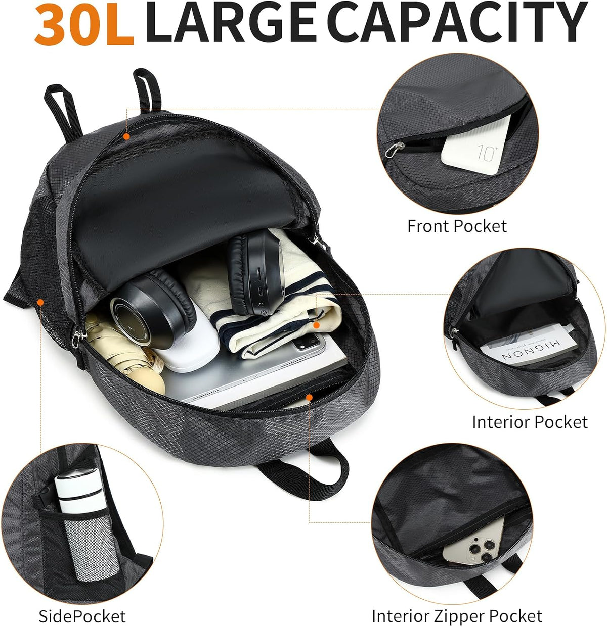 Small Hiking Backpack 35L Travel Lightweight Hiking Packable Daypack Water-Resistant Foldable Backpacks for Women Men Camping (Grey)