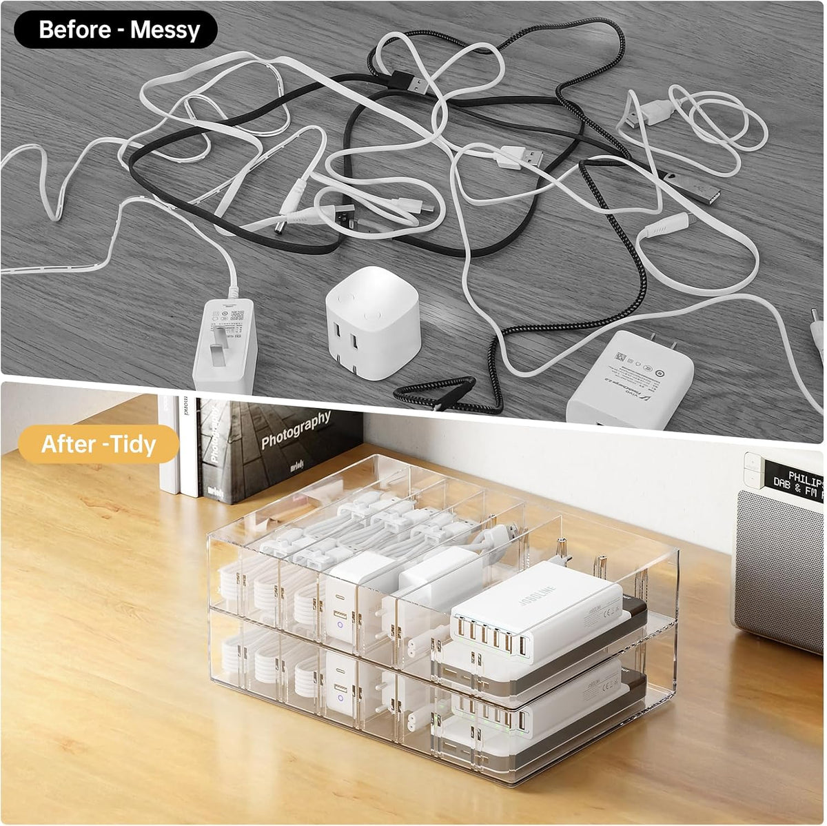 FRETONBA 2 Pcs Clear Cable Charger Organizer Box, Large