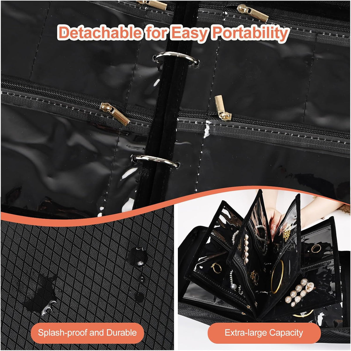 Greenfeather Anti Tarnish Jewelry Storage, Portable Jewelry Binder Organizer Travel with 6 Pcs Clear Zipper Velvet Pouches for Storing Earrings Rings Necklace Bracelet Watch 36 Compartments, Black