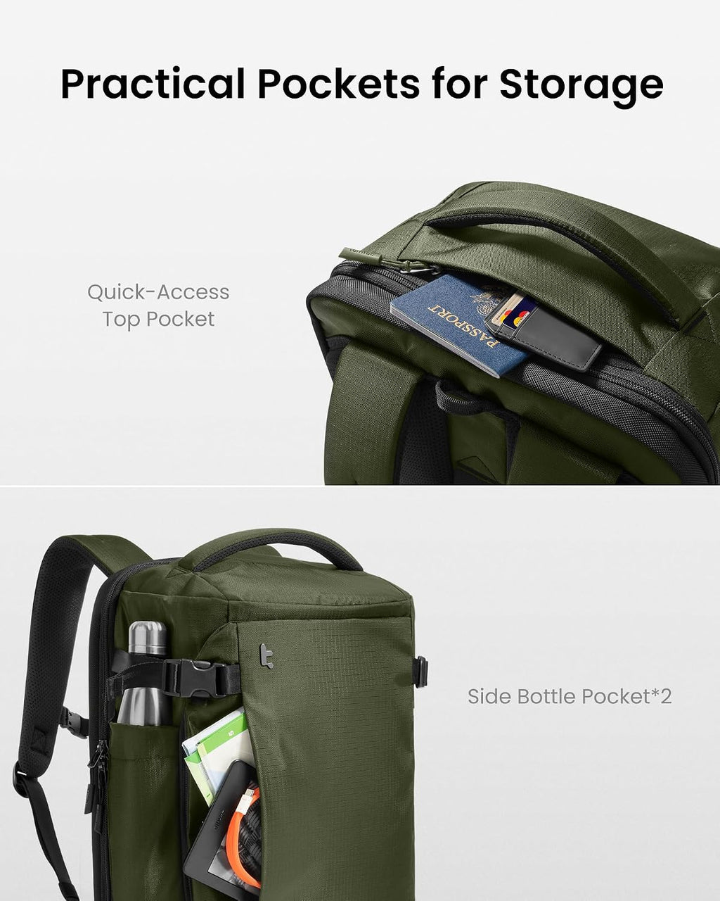 tomtoc Travel Backpack 40L, TSA Carry On Bag Flight Approved, PFAS Free