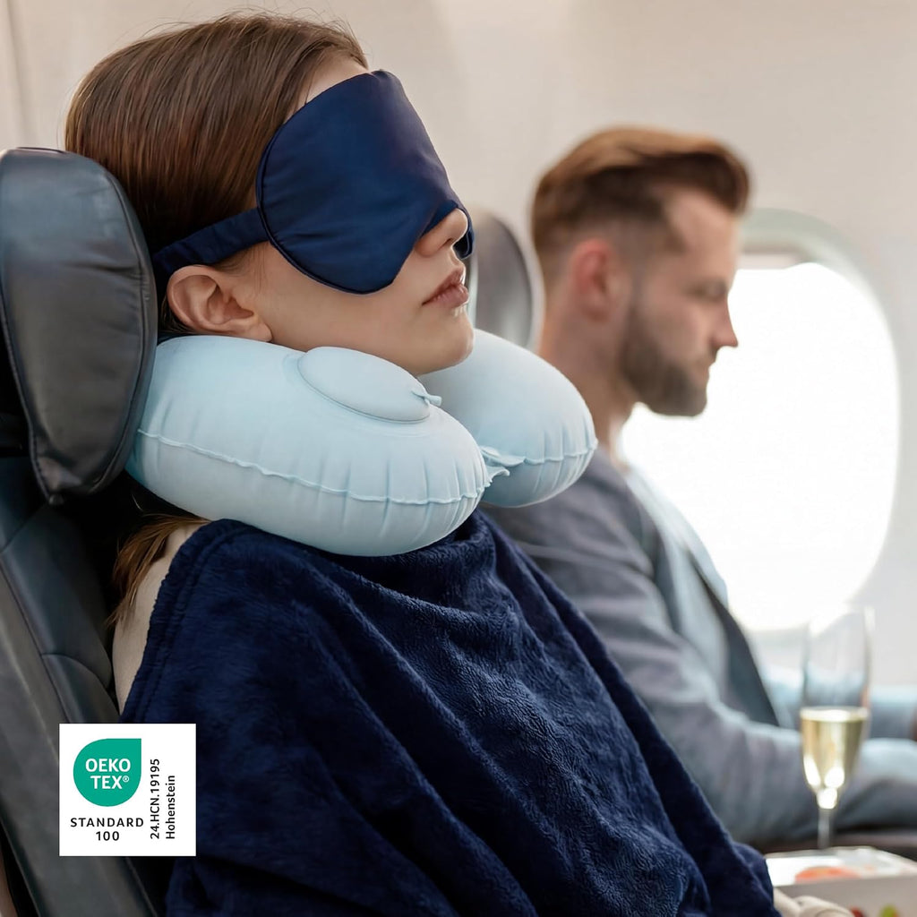 Bedsure Travel Blanket Set with Inflatable Neck Pillow and Eye Mask, Navy