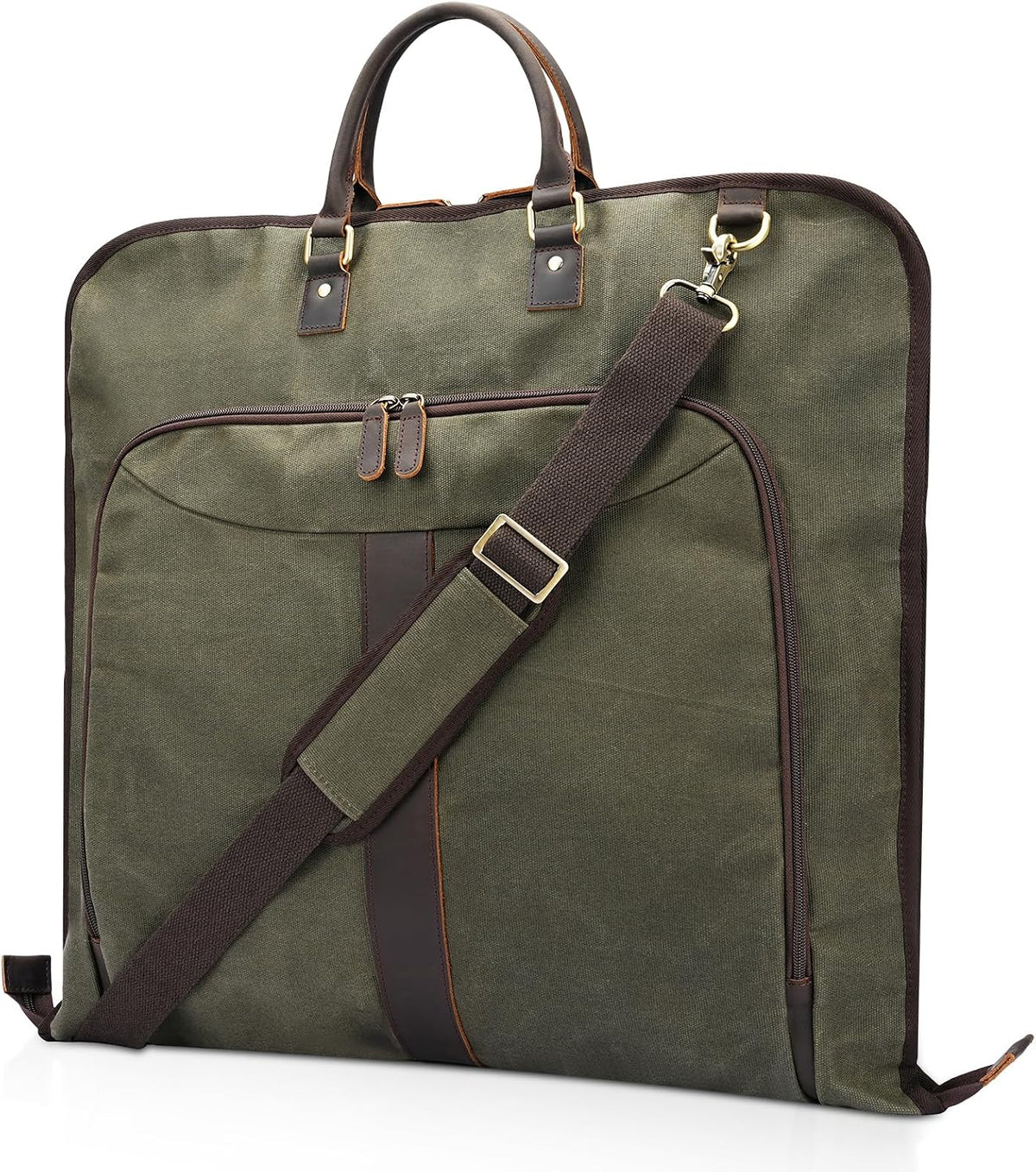Polare Waxed Canvas Full Grain Leather Trim Garment Carry On Bag for Travel, Foldable Hanging Suitcase Weekender Dust-Proof Garment Waterproof Cover with YKK Zipper and Adjustable Strap (Army Green)