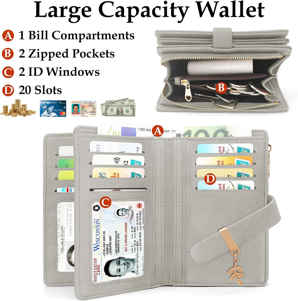 RFID Blocking Trifold Wallet for Women PU Leather Credit Card Holder Grey