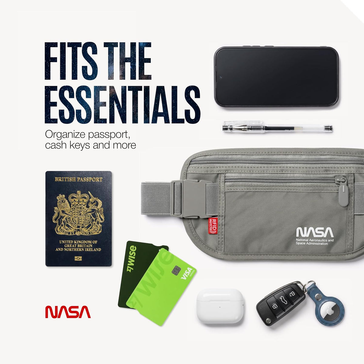 NASA Money Belt for Travel – Ultra-Flat, Anti-Theft RFID (Lunar Grey)