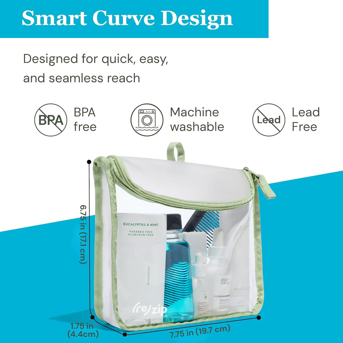 (re)zip Clear Quart Travel Toiletry & Cosmetic Bag, TSA Compliant - Sage