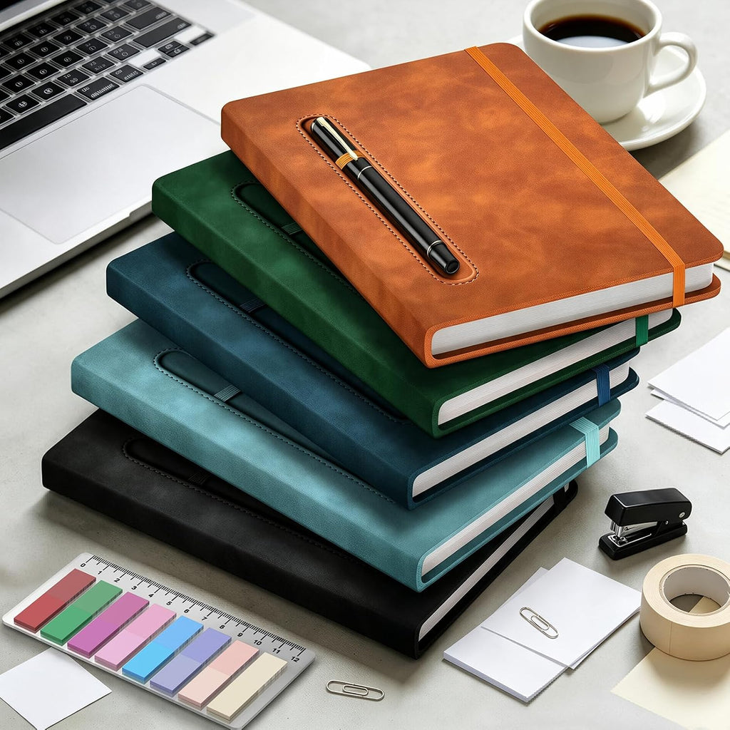 A5 Leather Notebook with Pen and Pen Holder, 224 Pages 100 GSM Thick Lined Paper Hardcover Journal for Men Women, College Ruled Daily Diary for Work Business School Travel- Brown
