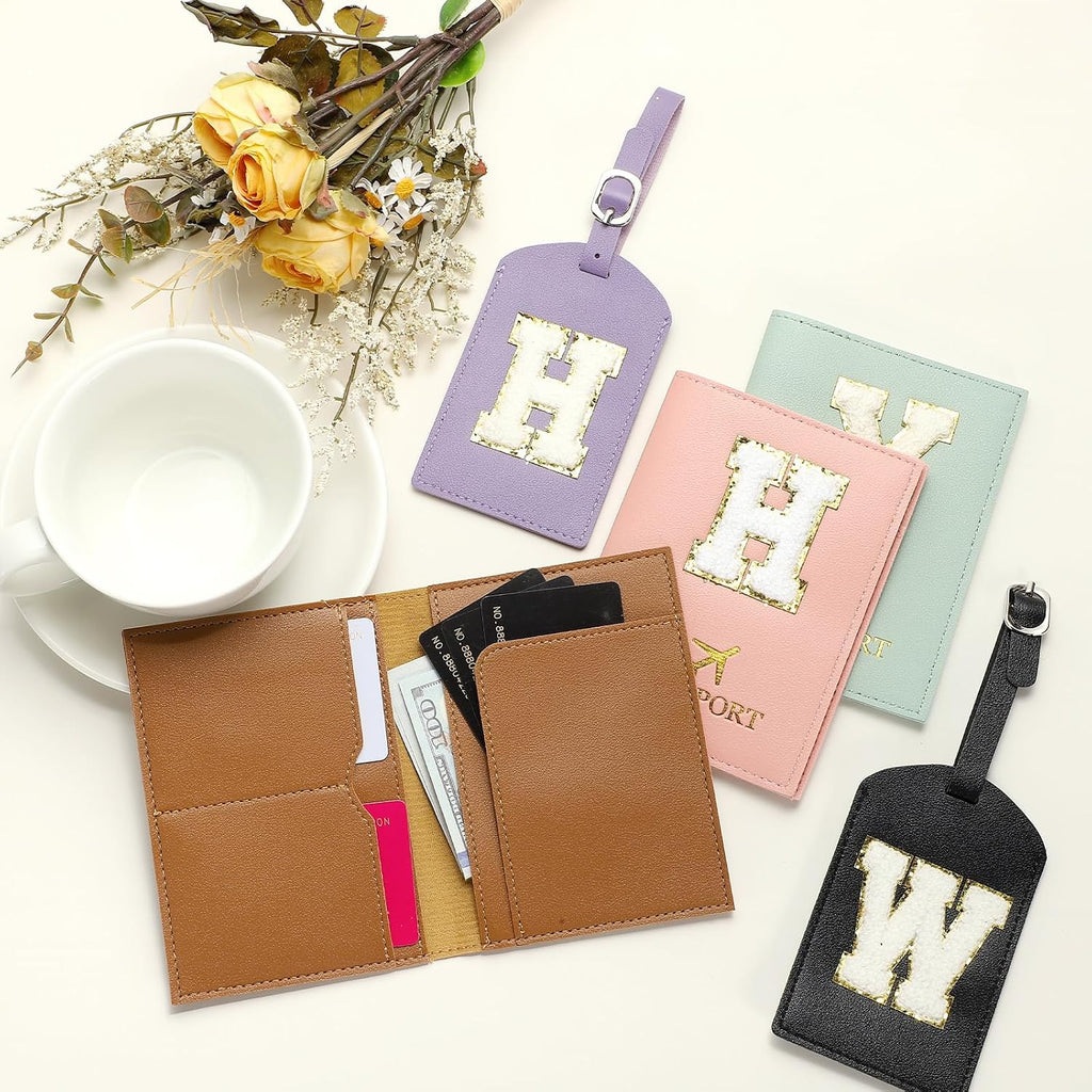 PATIKIL Passport Holder for Travel, Initial Passport Cover and Luggage Tag Set with Alphabet Chenille Letter Patch Travel Wallet Bag Suitcase Identifier for Women Family Travel Brown V