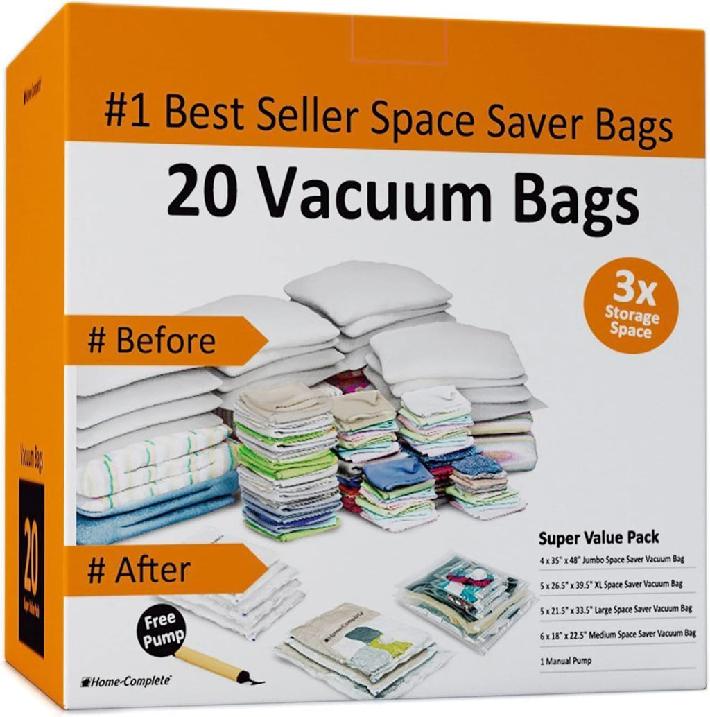 20 Vacuum Sealer Bags – Compression Bags for Travel, Clothes, and Blanket Storage – Airtight Space Saver Pouches in 4 Sizes and Pump by Everyday Home