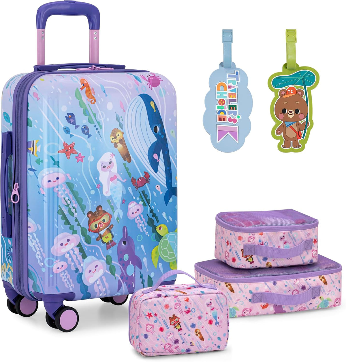 Traveler's Choice Kids JoJo the Bear's Travel Adventure, Under the Sea, 6-Piece Set (Carry-on, Packing Cubes, Luggage Tag)