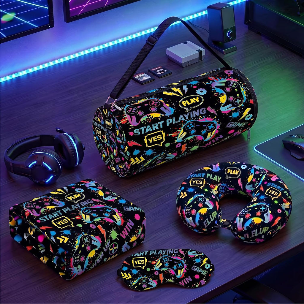 Moukeren 4 Pcs Video Game Travel Pillow and Blanket Set for Kids, Black