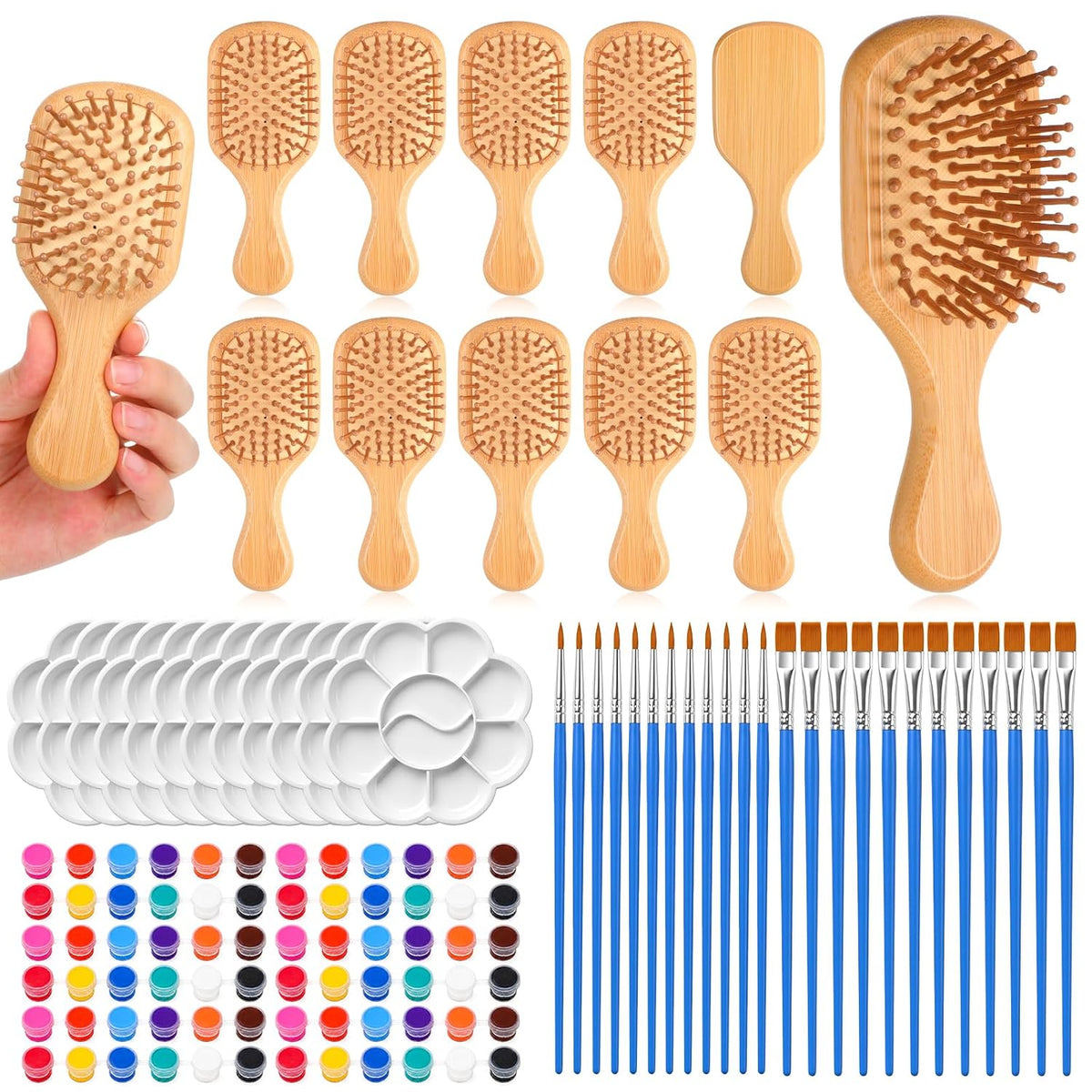12 Set DIY Wooden Hairbrush Painting Kits, Mini Bamboo Hair Brush Bulk with Paint Brush and Palette, Hand Painted Crafts, Make Your Own Hair Brushes for Girls Hand Painted DIY Gift Party Crafts, Oval