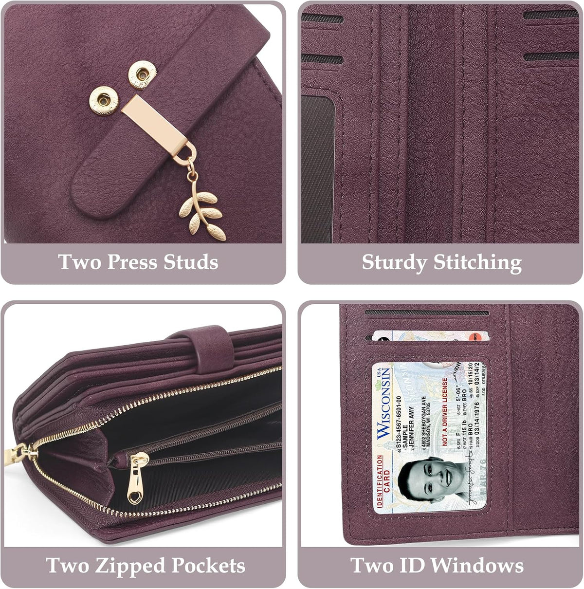 Womens RFID Blocking Trifold Wallet PU Leather Card Holder Burgundy