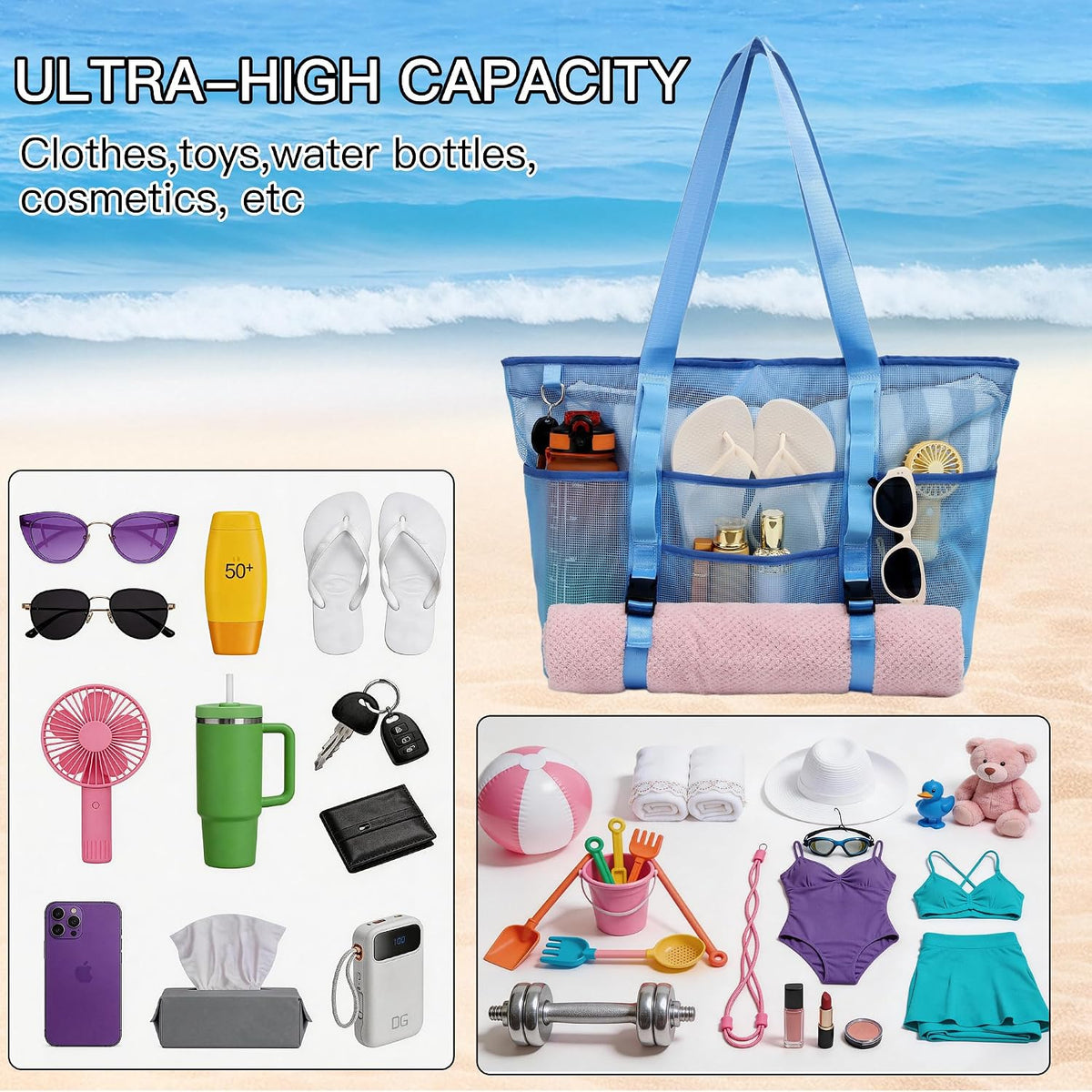 Large Mesh Beach Tote Bag with Top Zipper