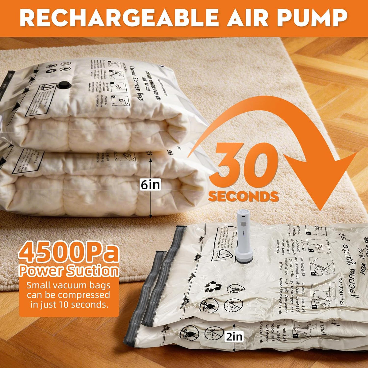 Travel Vacuum Bags with Electric Pump, 16 Pack Luggage Storage Seal Bag, Clothes Compression Suitcase Packing Sealer Bags, Cordless Hefty Vacuum Sealed Space Saver Bags (6S+6M+2L+2J)