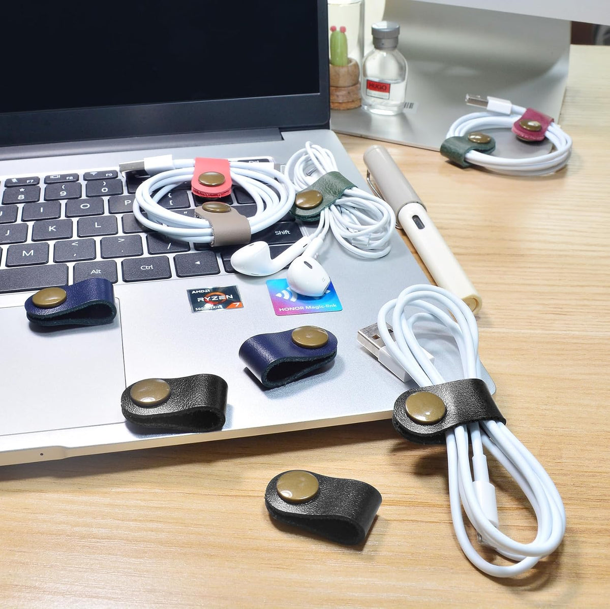 CAILLU Leather Cord Organizer,Cable Ties for Earbuds,Cord Keeper for Travel