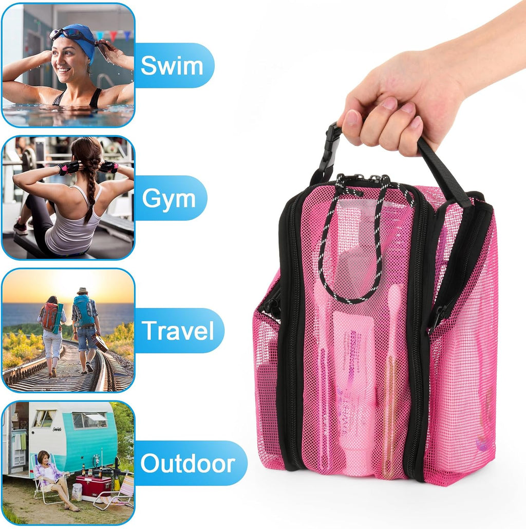 Cosmos Mesh Shower Caddy Toiletry Organizer Hanging Shower Tote Bag, Quick Dry Shower Organizer Portable Bath Bag with Durable Zippers & Side Pockets for Travel Gym Swimming Beach & Camp (Hot Pink)