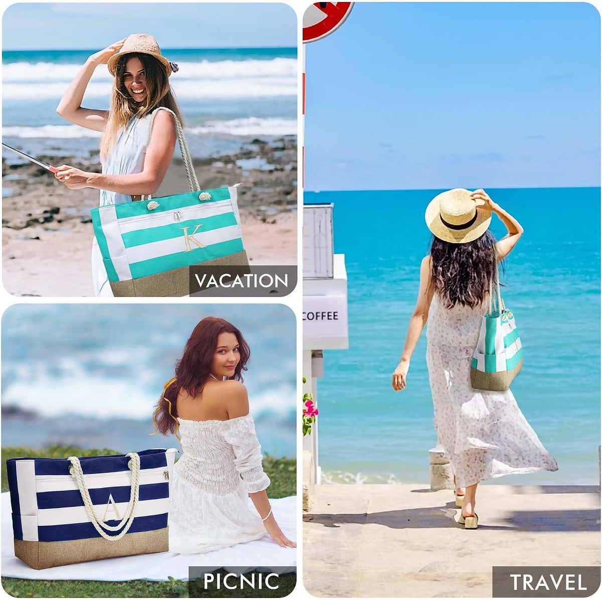 YOOLIFE Initial Beach Bag Waterproof Tote, Gifts for Women Her Birthday