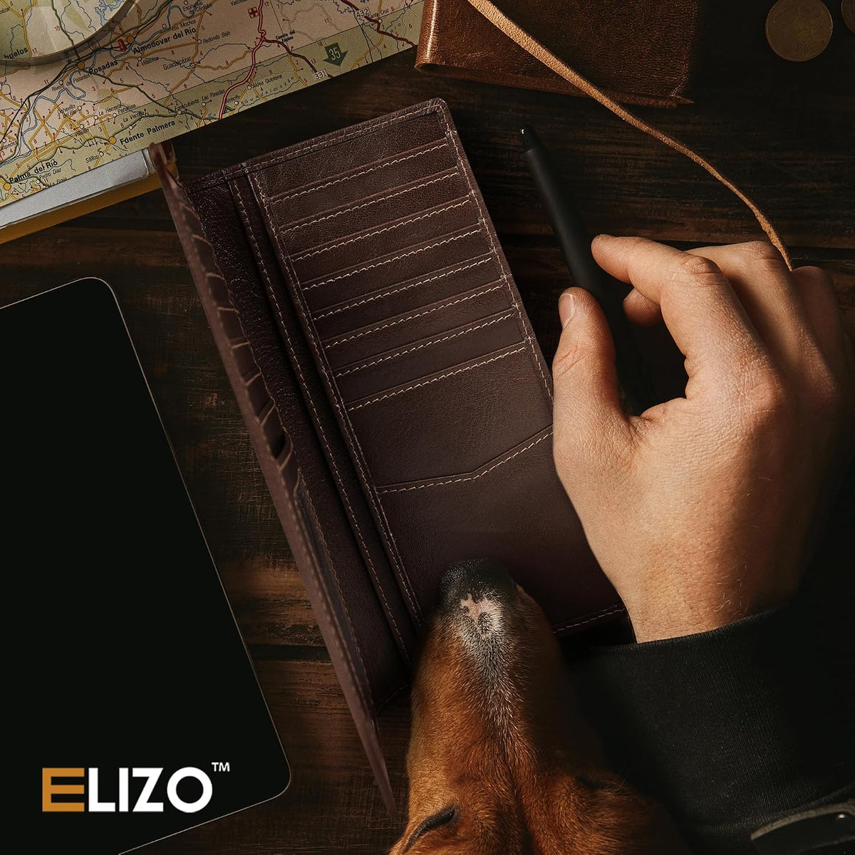 ELIZO Men's Genuine Leather Long Wallet - RFID Blocking Rodeo Checkbook Wallet | Western Bifold Wallet with 16 Card Slots, ID Window | Top Grain Leather Cowboy Wallet | Stout