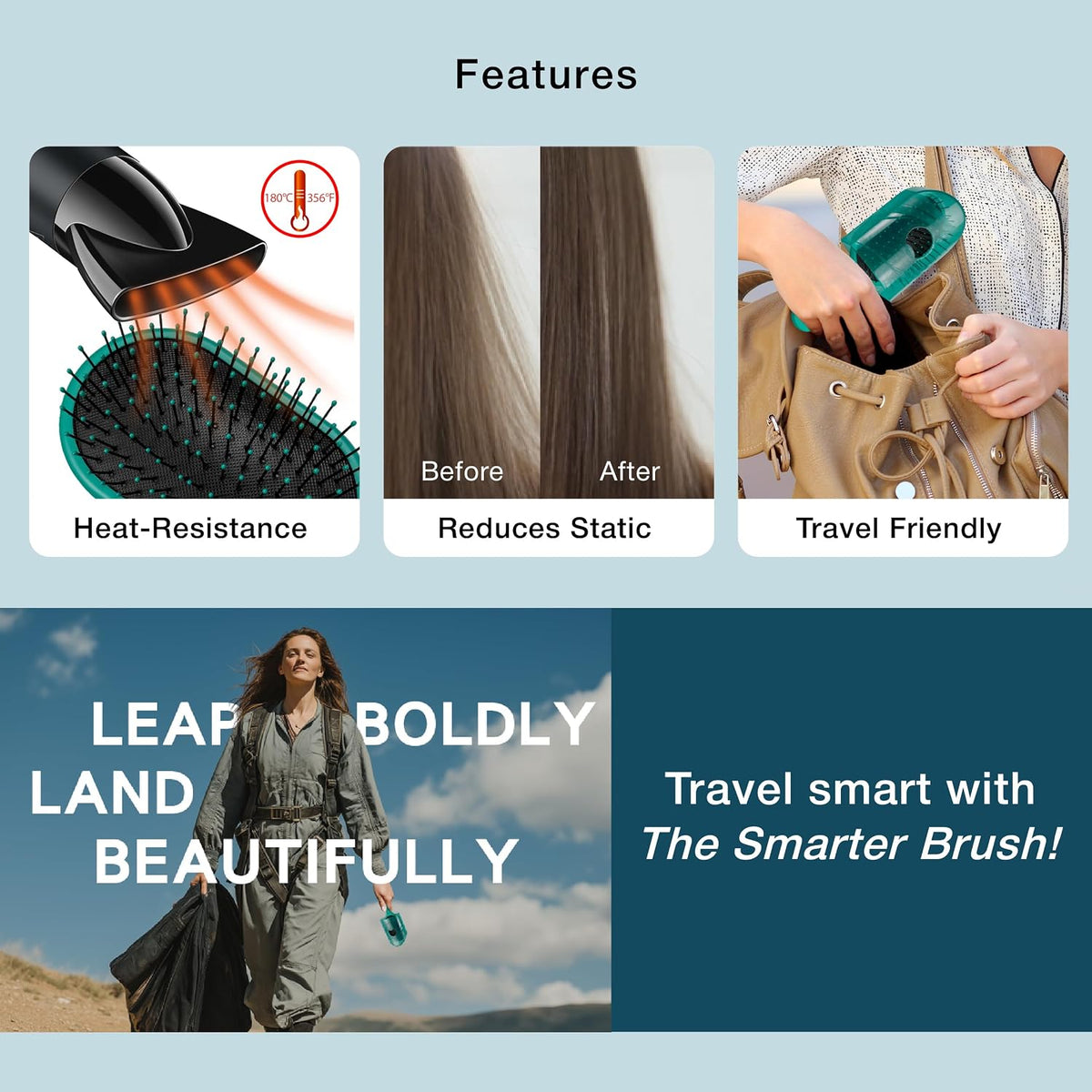 NuWay® Traveler® Patented Compact Hair Brush for Purse, Gym & Daily Carry - Gentle Detangling Brush for Wet or Dry Hair, Everyday Scalp Comfort (Emerald Green)