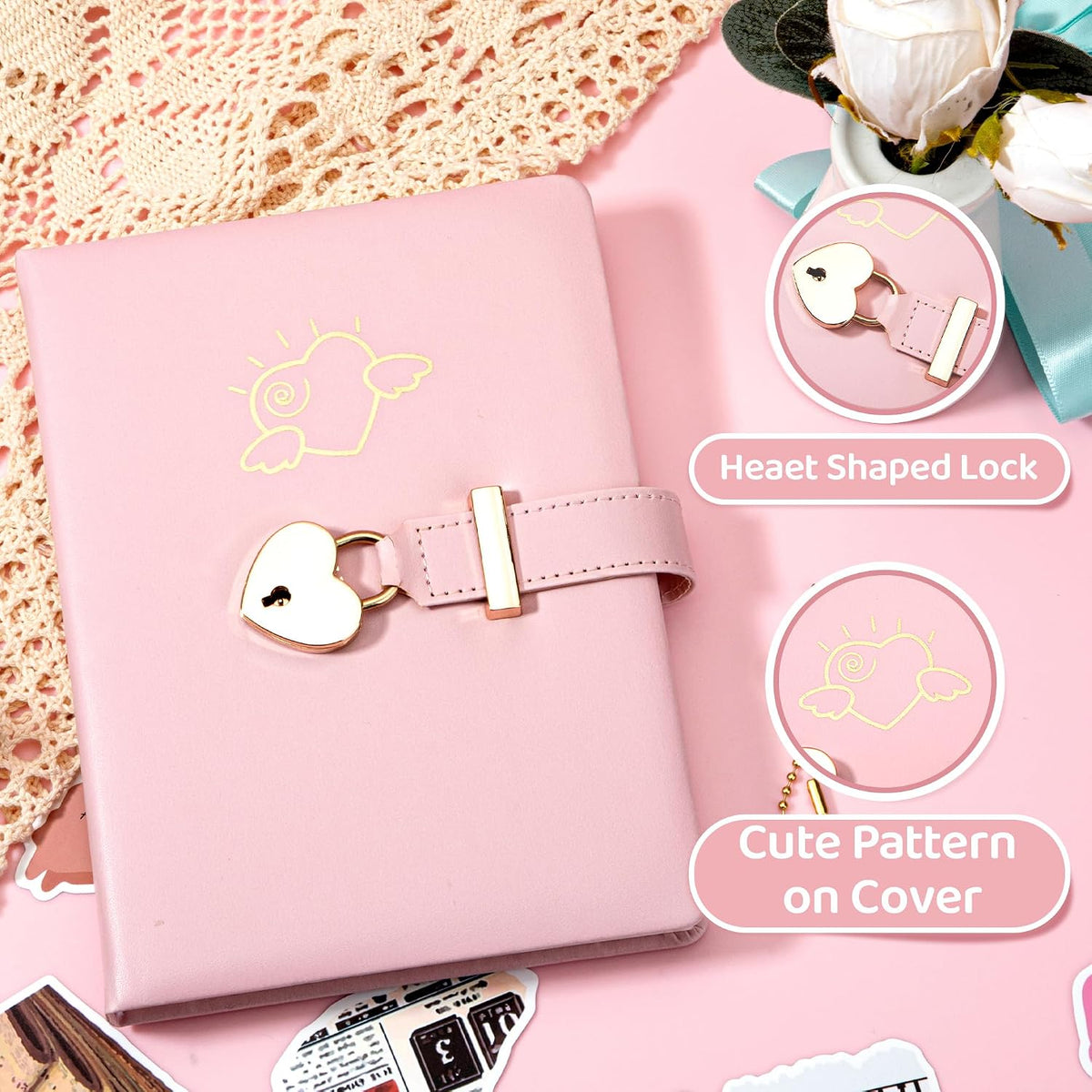 CAGIE Diary with Lock and Key for Girls Heart Shaped Girls Diary for Women Kids A5 Secret Notebook with Lock for Writing Travel Gifts, 5.3 x 7 inches, Pink