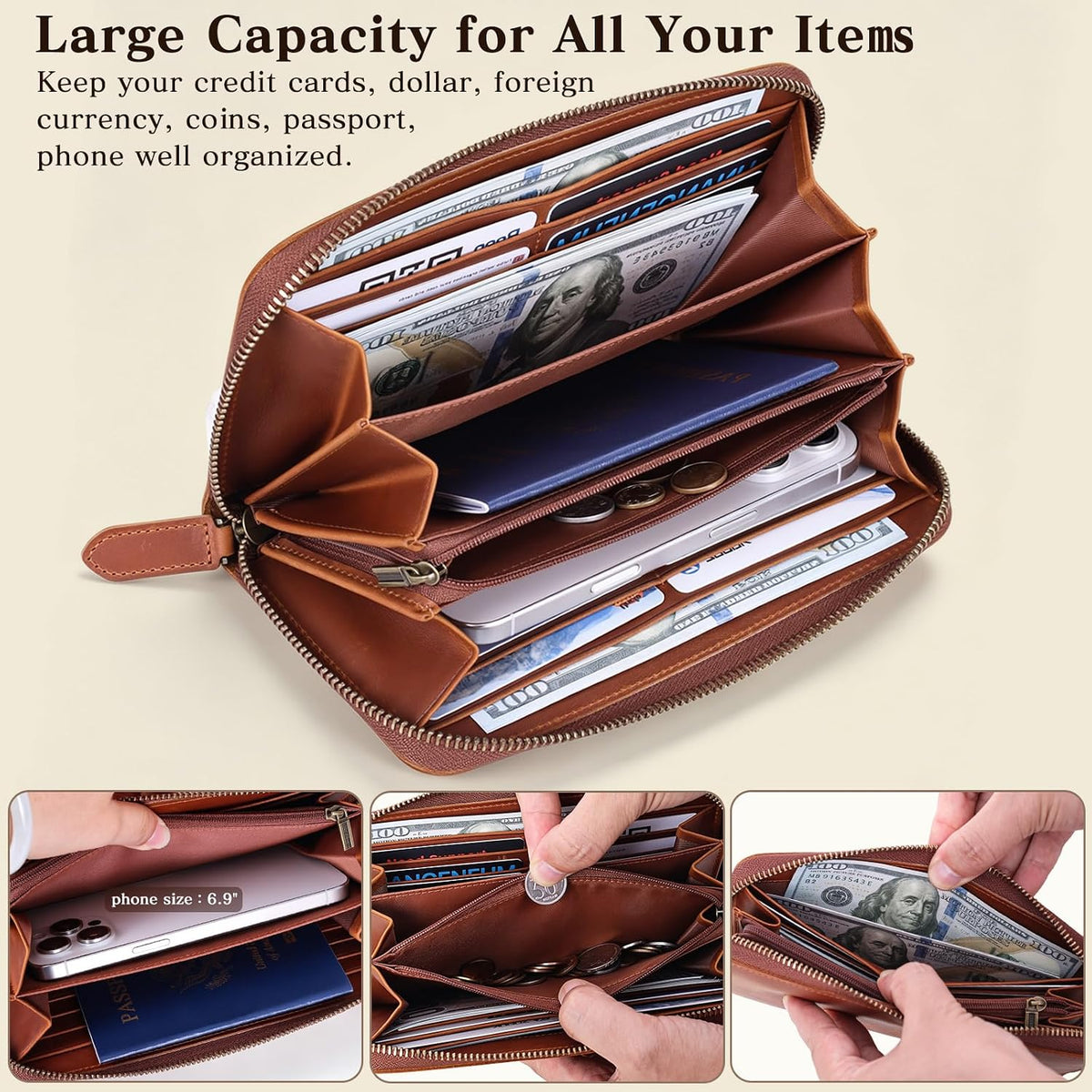 VISOUL Long Zip Around Pouch Wallet for Men Crazy Horse Leather with RFID Blocking, Large Clutch Cash Long Travel Wallet with 12 Card Slots-Chocolate