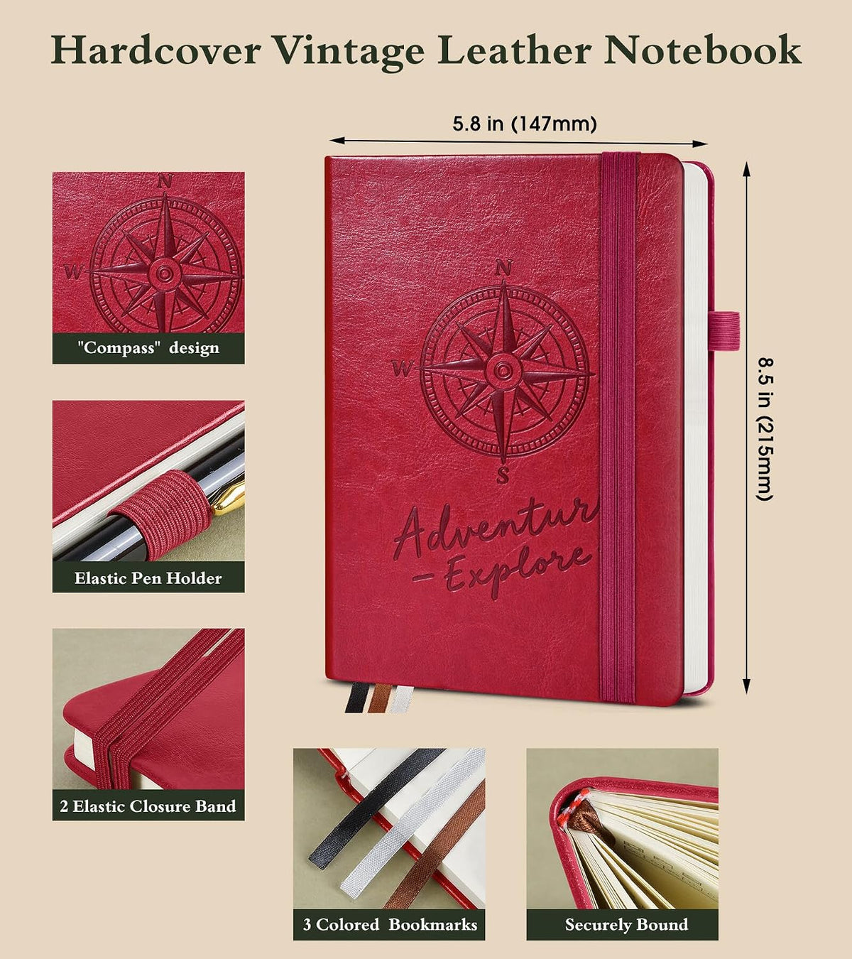 PAIBAS A5 Lined Journal, Leather Bound Notebook for Work & Travel 5.8"×8.5"