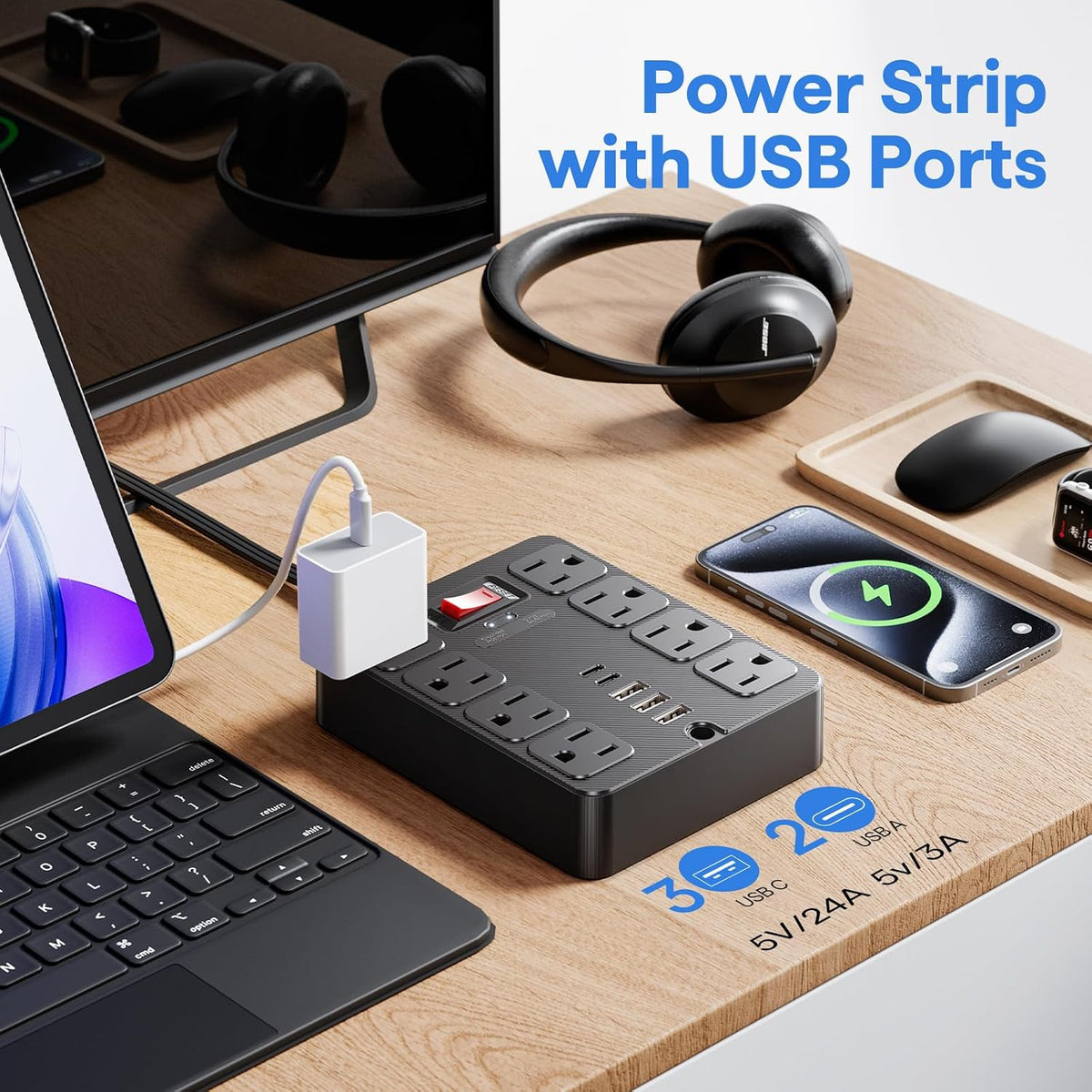 13 in 1 Surge Protector Power Strip Flat Plug 8 Widely AC Outlet 3 USB Ports,1250W/10A，5 ft Extension Cord with Multiple Outlets, Desk Extender for Dorm, Home,Travel，Office Essentials,ETL Listed