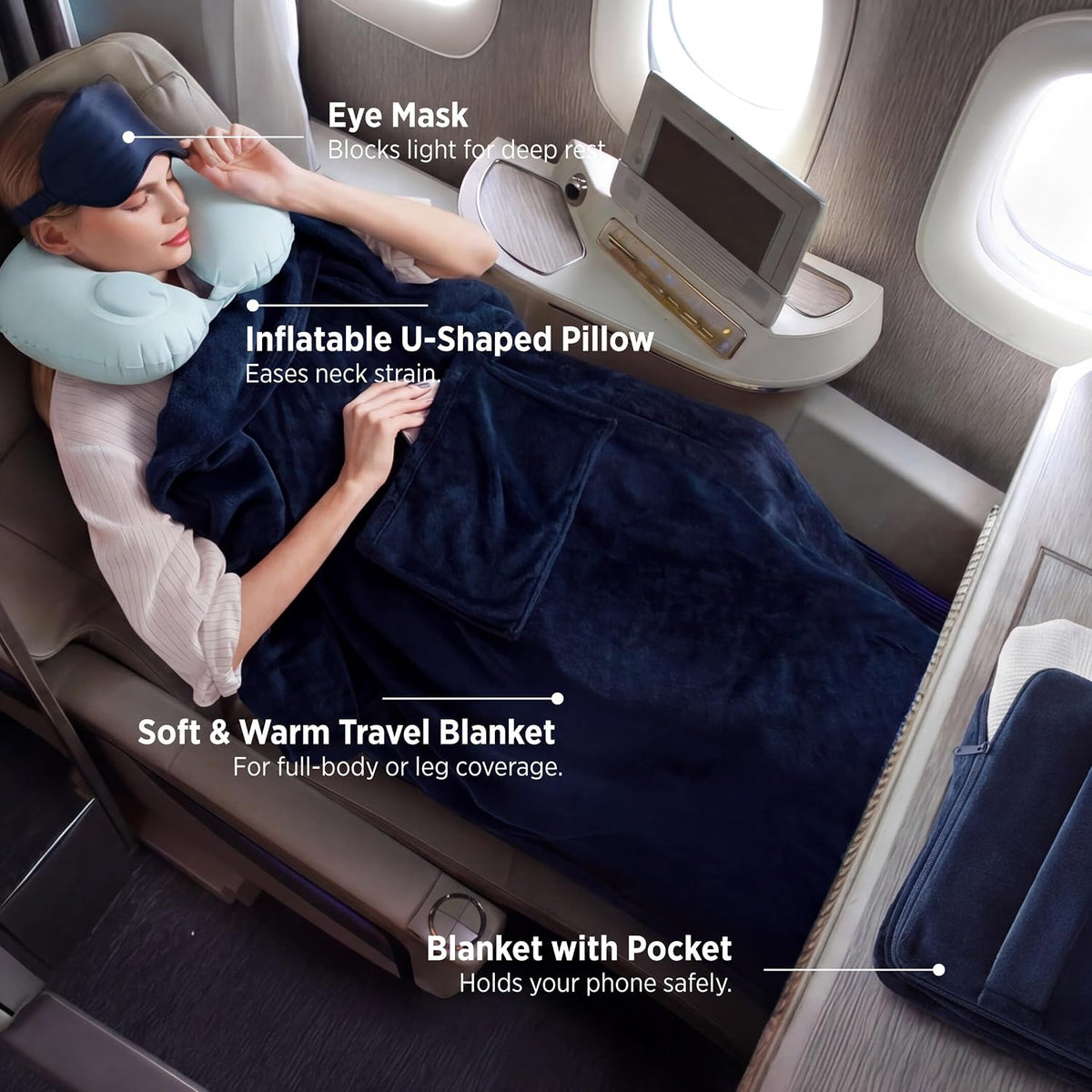 Bedsure Travel Blanket Set with Inflatable Neck Pillow and Eye Mask, Navy