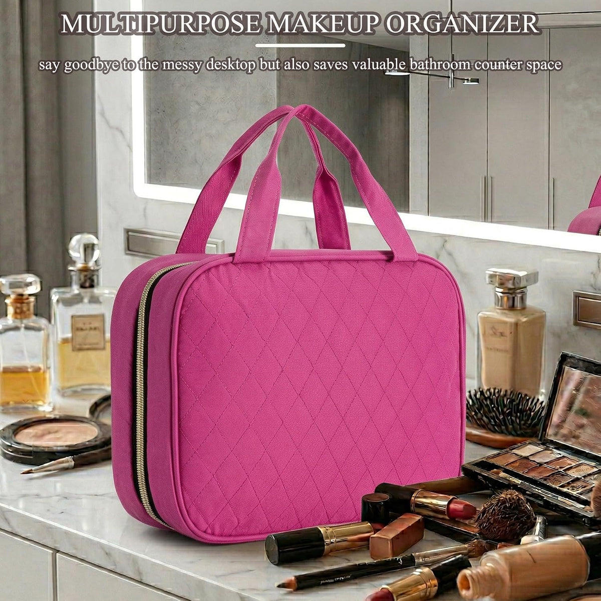Travel Toiletry Bag for Women, Large Hanging Makeup Cosmetic Bag, Rose Red