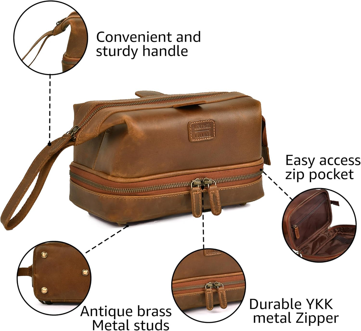 LEATHER VILLAGE Leather Toiletry Bag for Men, Travel Dopp Kit Shaving Bag