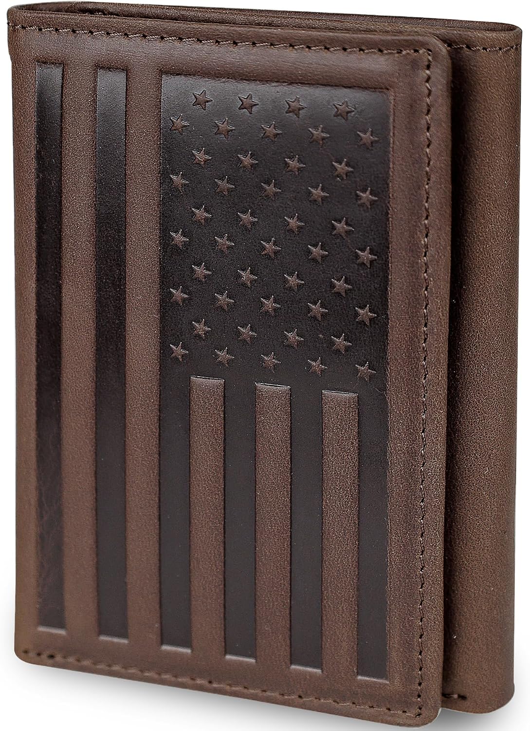 DK86 US Flag Trifold Wallets for Men American Flag Wallet Full Grain Leather Tri-Fold Wallet RFID Blocking (vintage coffee with us flag)