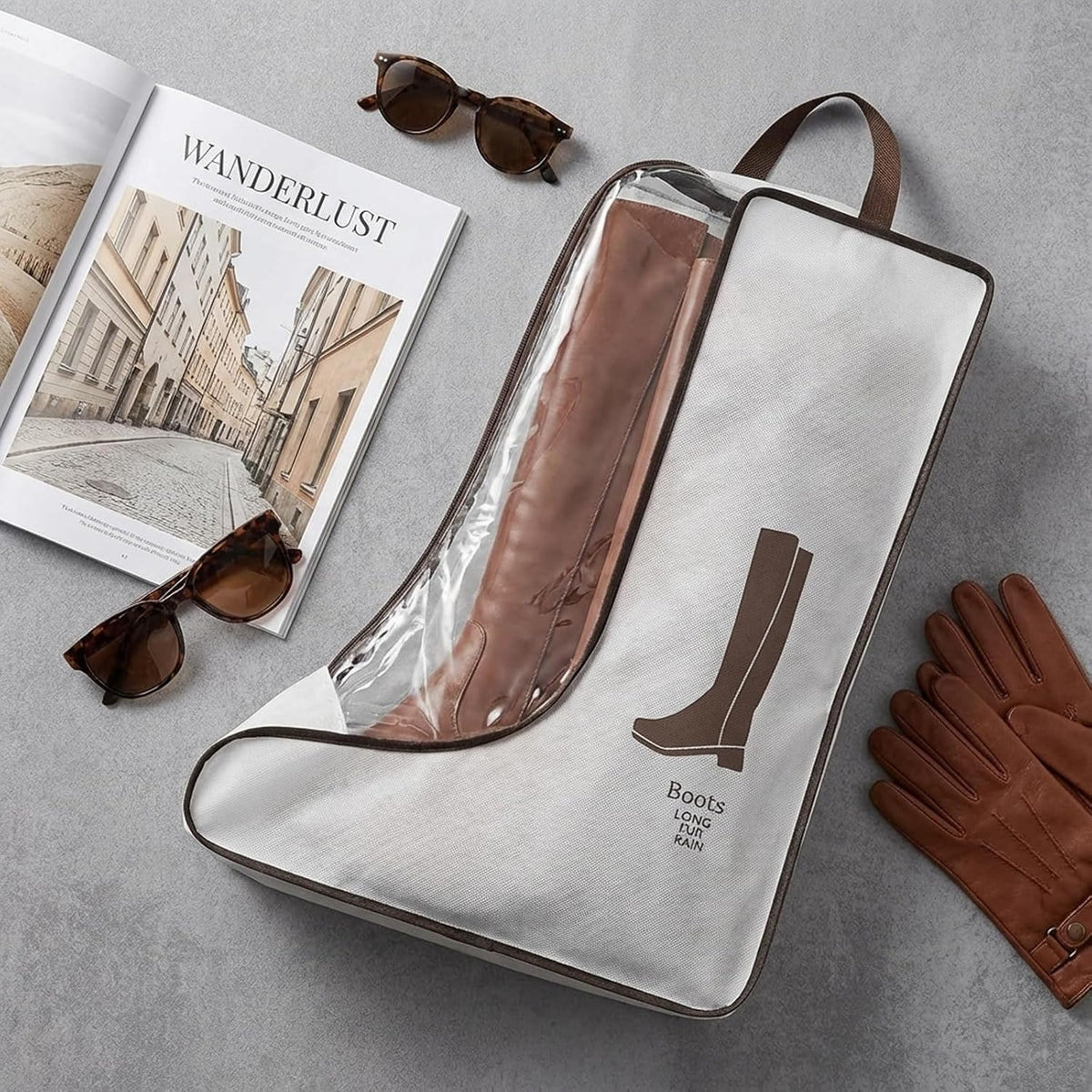 Tall Boot Storage Bag Organizer for Closet and Travel, Portable Dustproof Bags for Cowboy (2 Pcs Off‑White Long Boot)