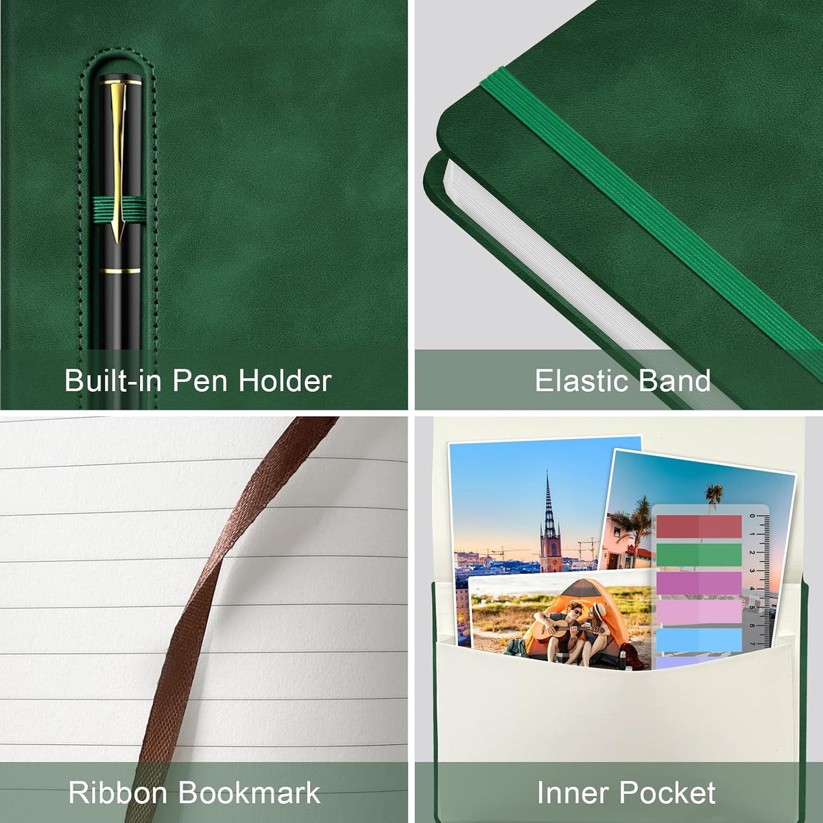 A5 Leather Notebook with Pen and Pen Holder, 224 Pages 100 GSM Thick Lined Paper Hardcover Journal for Men Women, College Ruled Daily Diary for Work Business School Travel - Dark Green