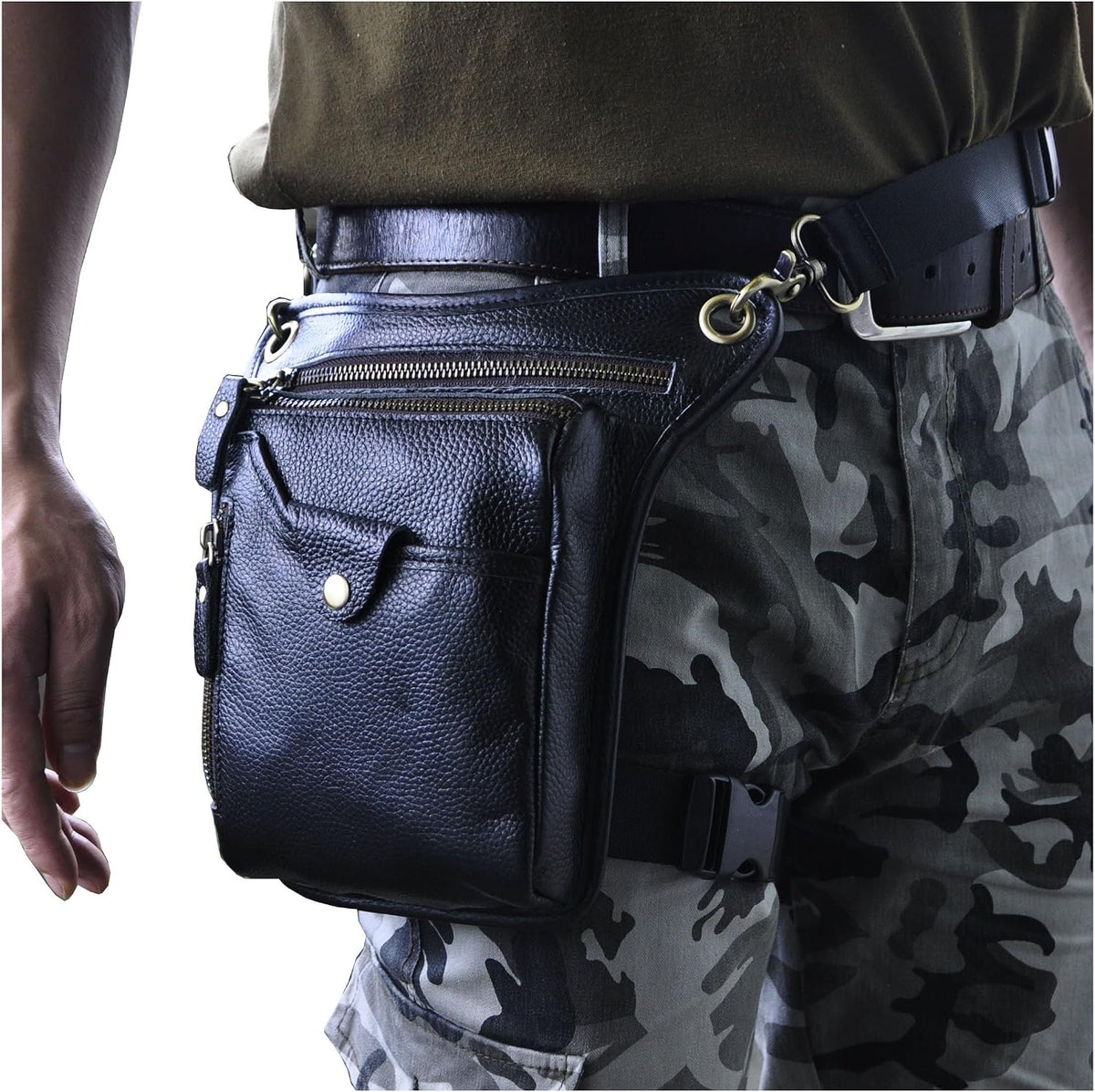 Le'aokuu Mens Genuine Leather Outdoor Sporting Hiking Waist Hip Pack Messenger Shoulder Drop Leg Thigh Bag Pouches For Women (211-5 01 Black)