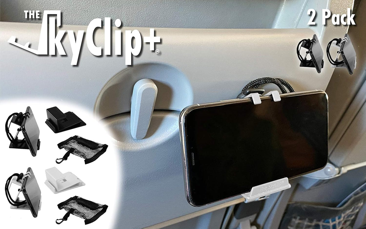 The SkyClip+ Phone & Tablet Holder for Air Travel, Home and Office Use - Inflight Phone Mount & Stand Compatible with iPhone, Android, Kindle and Tablets - Travel Accessory (Black&White, 2 Pack)