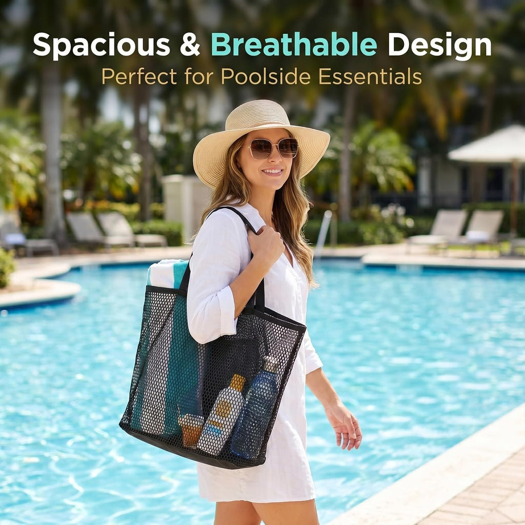Foldable Mesh Tote Bag For Women, Summer Travel Beach Tote, Sandproof Nylon Mesh With Large Inner Pockets
