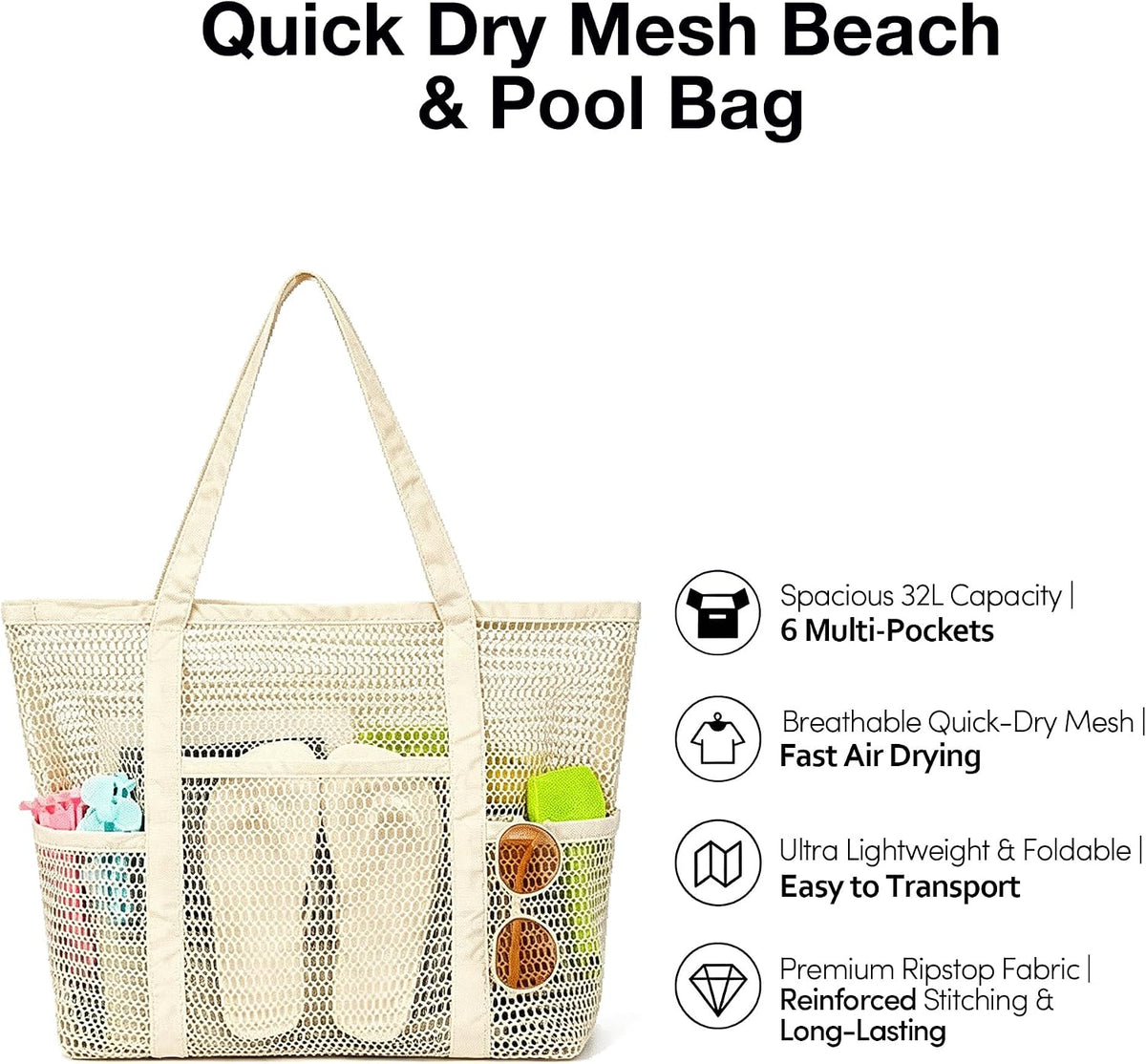 KELMALL XL Mesh Beach Tote, Sandproof Quick Dry Pool Vacation Bag