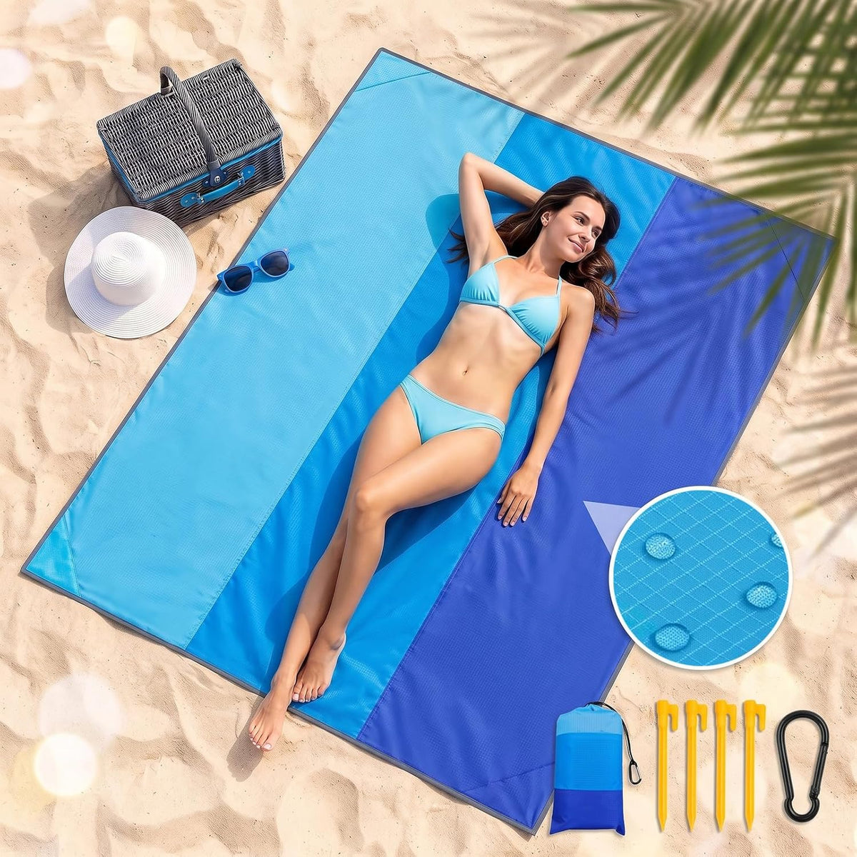 1 Pack Large Waterproof Sandproof Beach & Picnic Blanket, Tri-Color Gradient Polyester Mat, Complete Windproof Anchoring Kit, Lightweight Foldable Camping Gear, Essential Outdoor Accessory