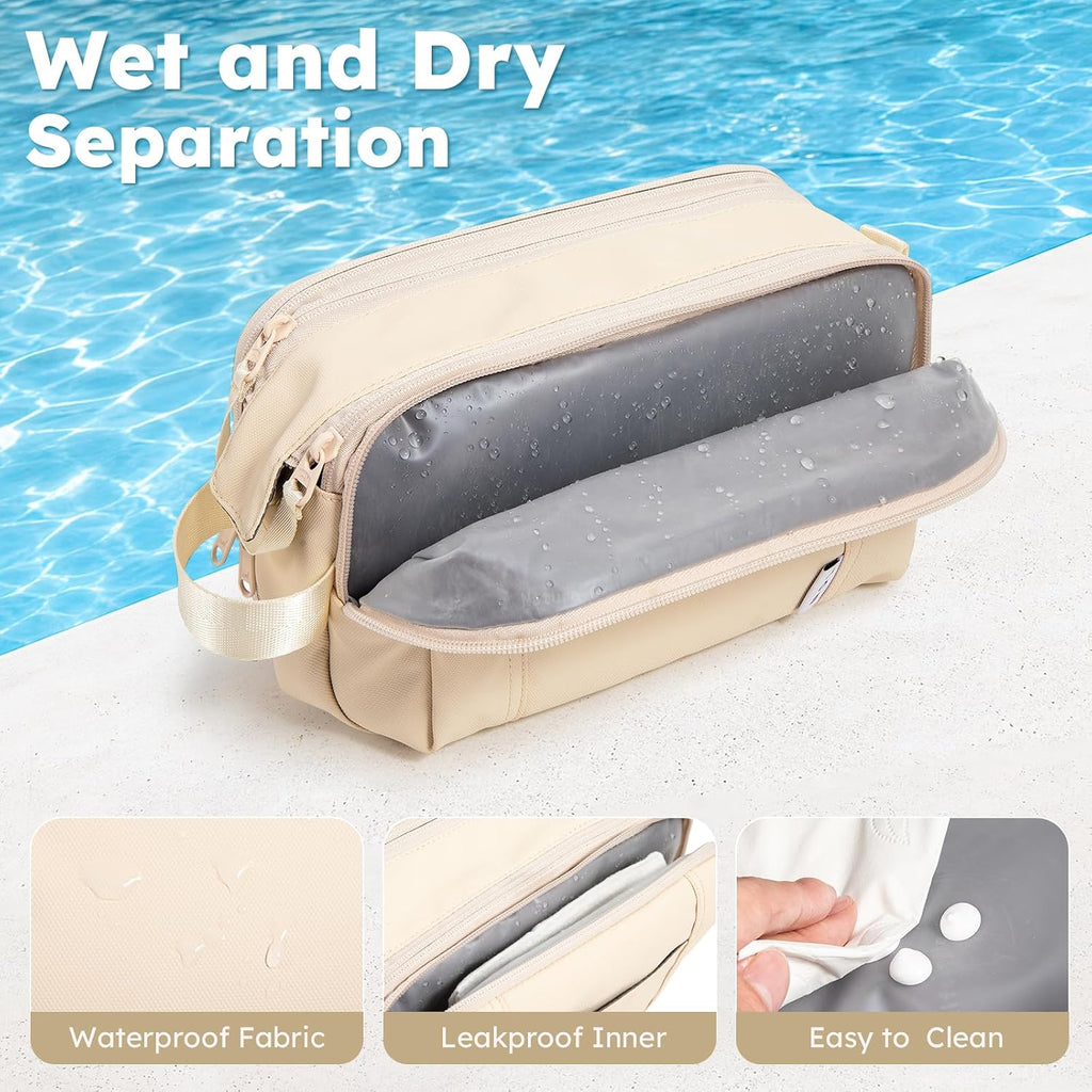 NOL Toiletry Bag for Men/Women, Water-Resistant Nylon Travel Organizer with Multiple Compartments, Flat-Open Makeup Cosmetic Bag with Dual Zippers & Side Handle, Shaving Dopp Kit for Toiletries, Cream