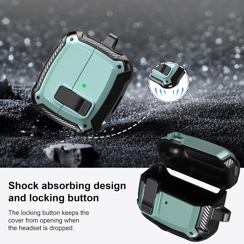 RFUNGUANGO Compatible with Samsung Galaxy Buds 3 Pro Case(2024) / Buds3 FE (2025) / Buds 3 Case (2024) with Carabiner & Cleaning Kit Phone Stand, Strong Drop Protection, Green