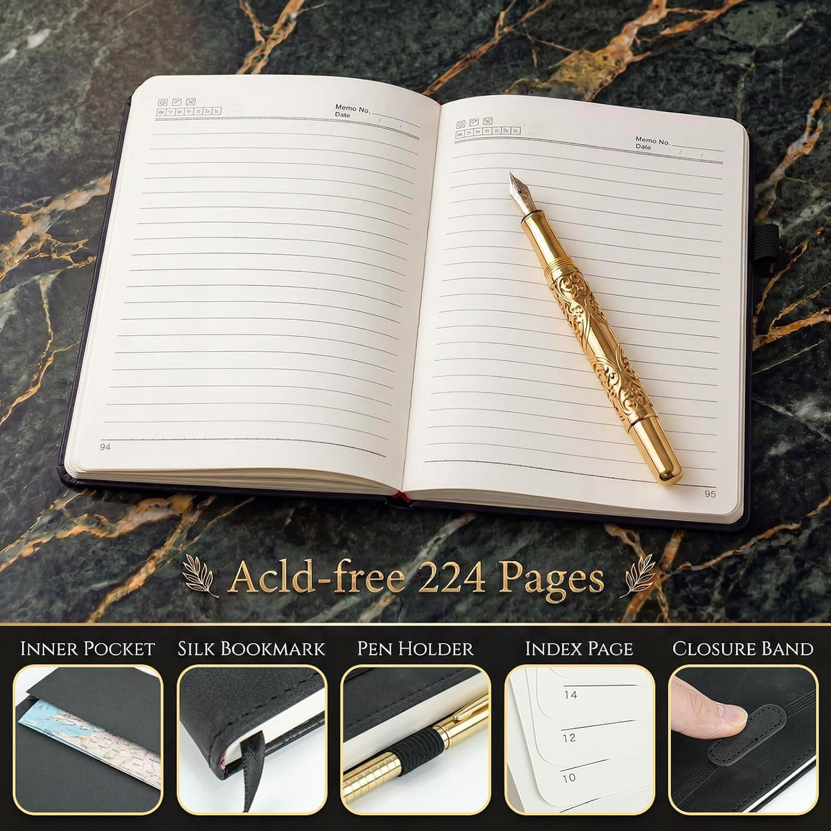 Vintage Hardcover Leather Journal Notebook, A5 Lined Notebook for Business Work School, 224 Pages 100GSM Thick No Bleed Paper, 180° Lay Flay Premium Writing Notebook for Note Taking Daily Diary Travel (Black)