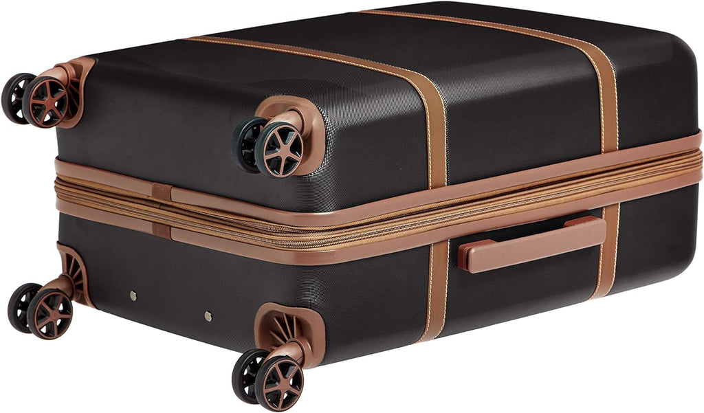 Amazon Basics 24-inch Hardside Checked Luggage With Leather Detailing, Expandable Spinner Suitcase With 4 double Wheels, Scratch-Resistant Surface, Black