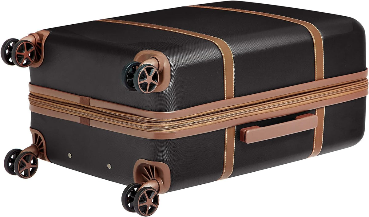 Amazon Basics 24-inch Hardside Checked Luggage With Leather Detailing, Expandable Spinner Suitcase With 4 double Wheels, Scratch-Resistant Surface, Black