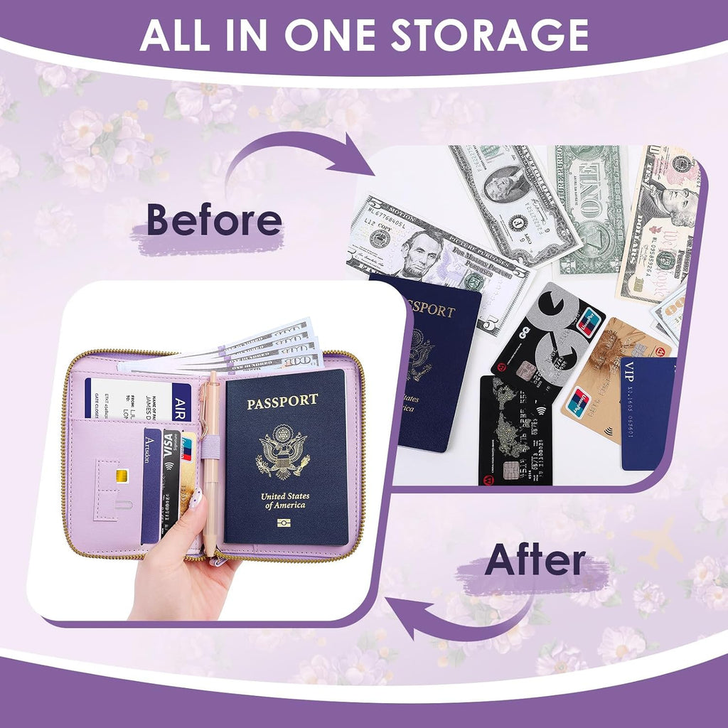 KONVINIT Purple Passport Holder For Travel, RFID Blocking Leather Passport Cover For Women, Cute Passport Wallet with Zipper Closure